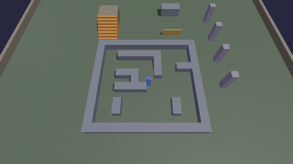 A small walled map seen from above, with a planned path