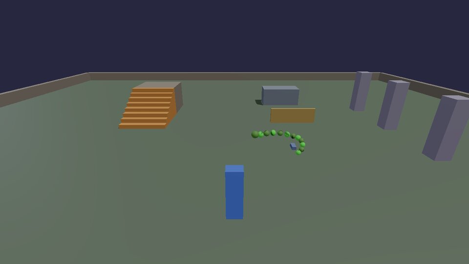 A green caterpillar of balls winding across the ground