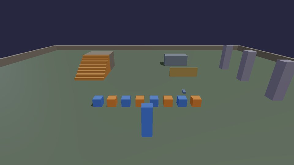 A row of boxes, orange and blue