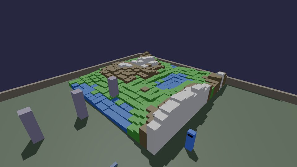 Blocky hills with water, grass, rock and snow