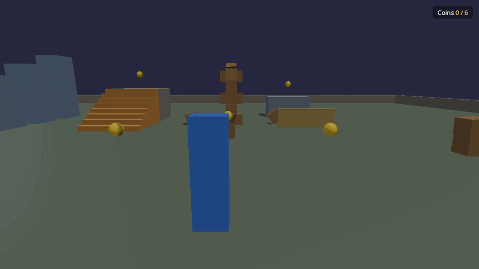 The starter game with the tutorials' coins, crate tower and stepping stones